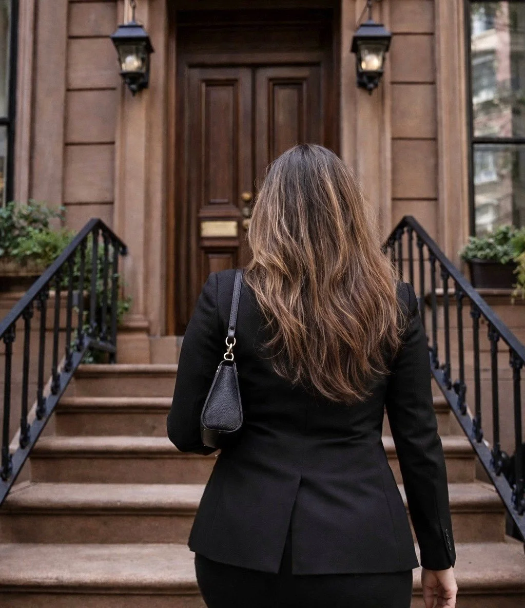 Woman with long, wavy hair wearing a black blazer carrying a black purse, standing on the steps of brownstone house with a wooden door and black lanterns.