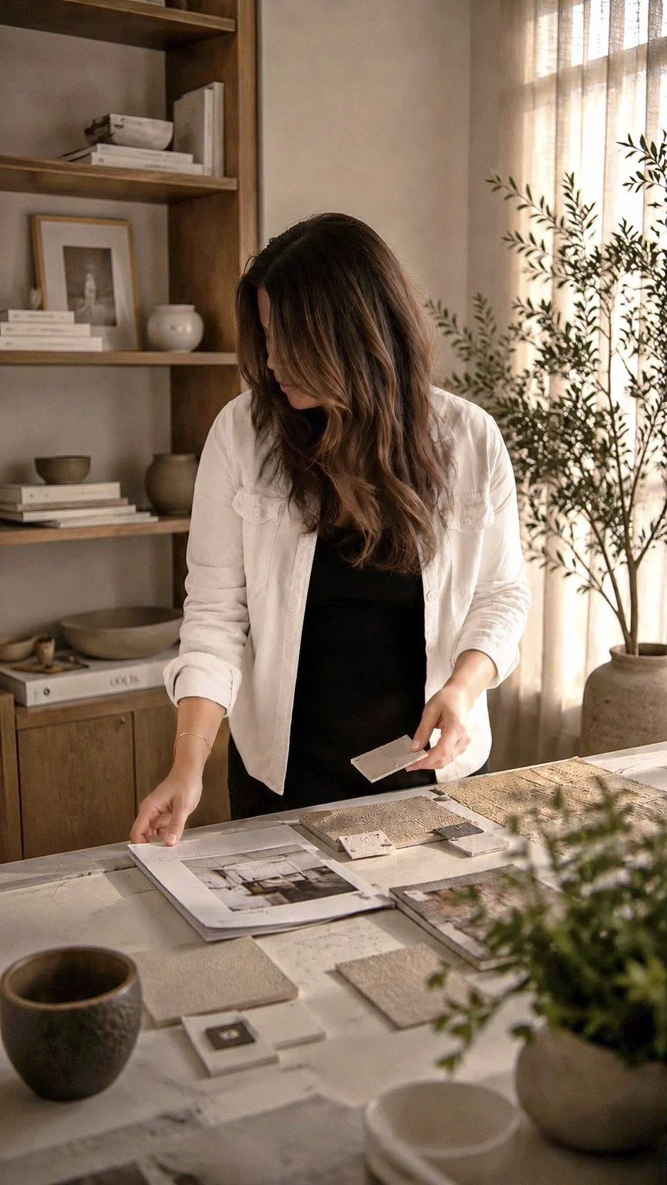 A woman with long brown hair looking down at design samples on a table in a well-lit room with shelves and a potted plant in the background.