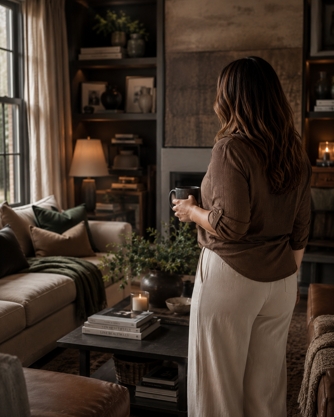 A woman with wavy hair wearing a brown top and cream pants standing in a cozy living room, holding a black mug, with a sofa, books, and warm lighting in the background.