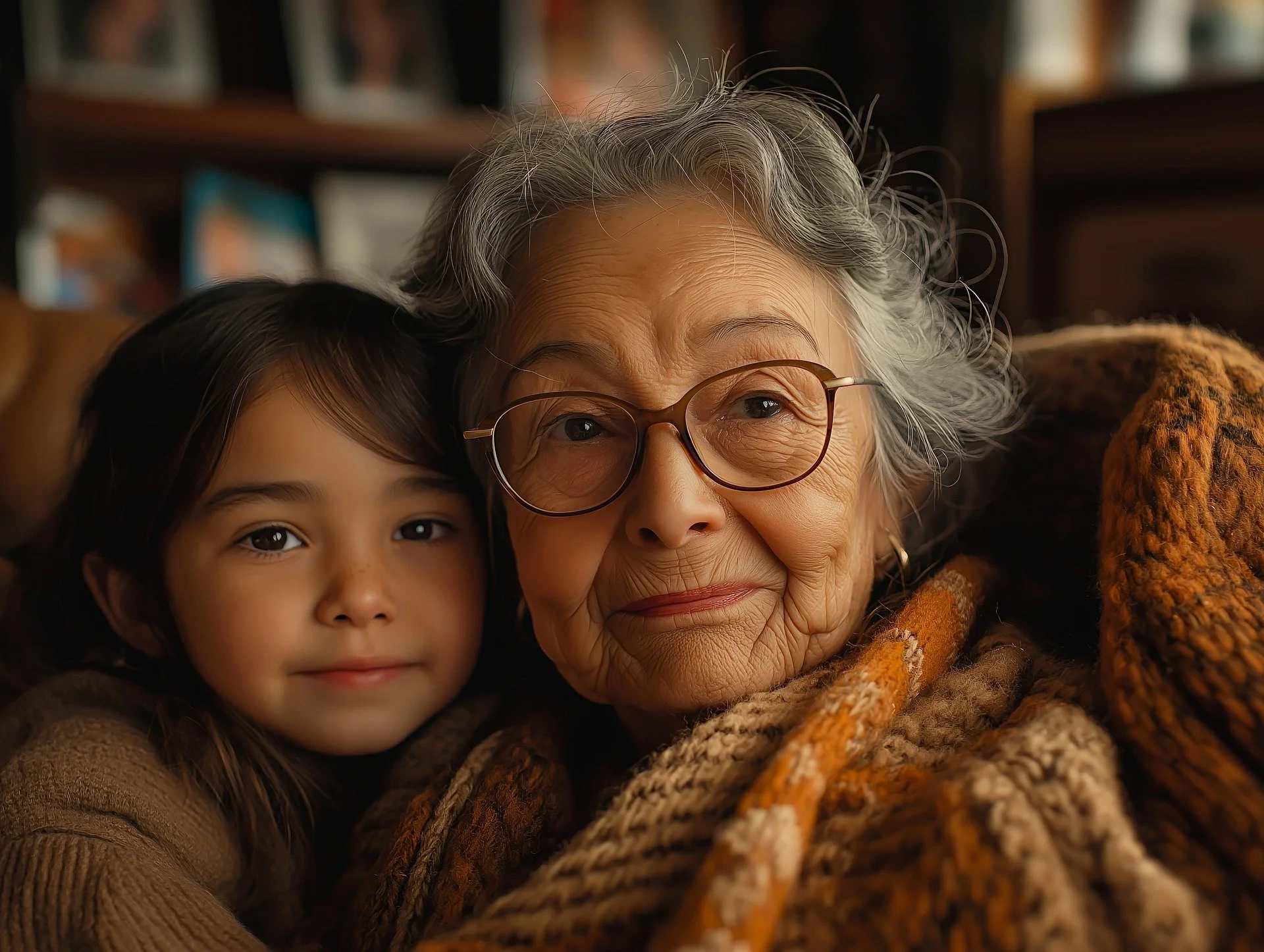 A young girl and an elderly woman, possibly grandmother, cuddling together under a multicolored knitted blanket, both smiling gently at the camera.