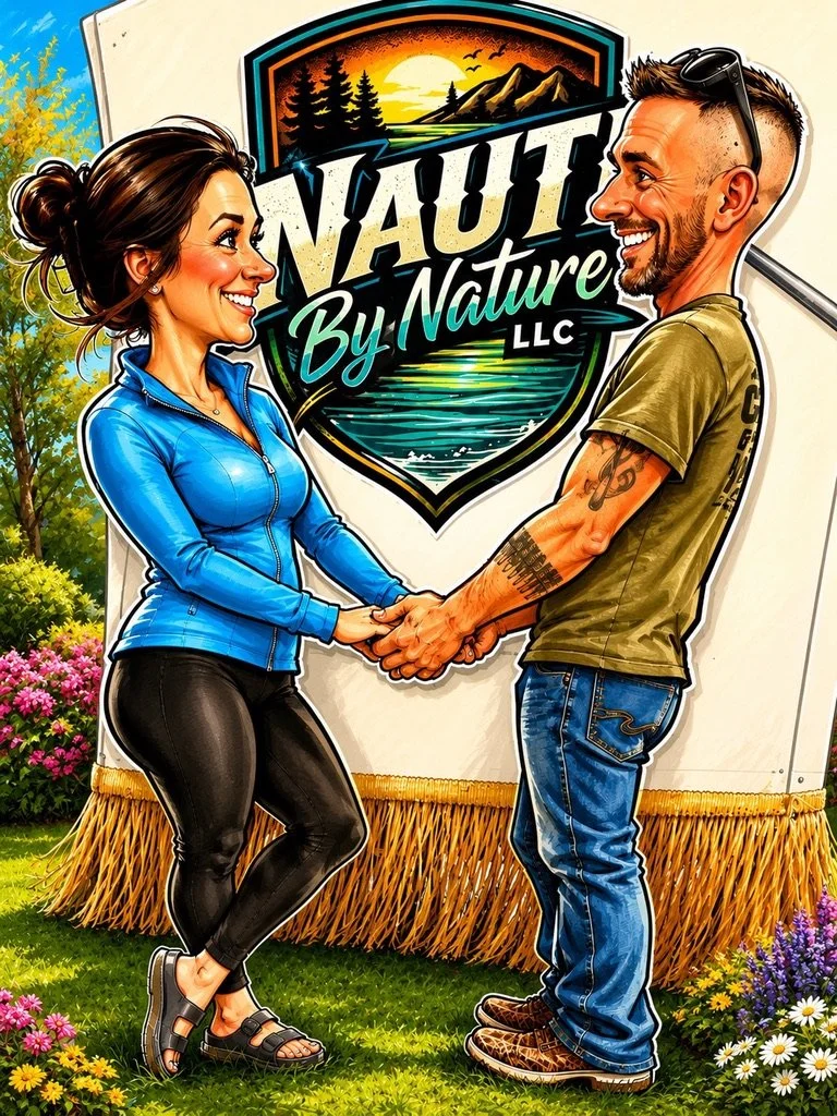 A cartoon-style illustration of a man and woman holding hands and smiling at each other in front of a sign that reads 'Naut By Nature LLC' with a landscape of mountains, trees, and a sunset. The woman is wearing a blue jacket and black leggings, while the man is in a green t-shirt and jeans, with tattoos and sunglasses on his head. The background includes colorful flowers and greenery.