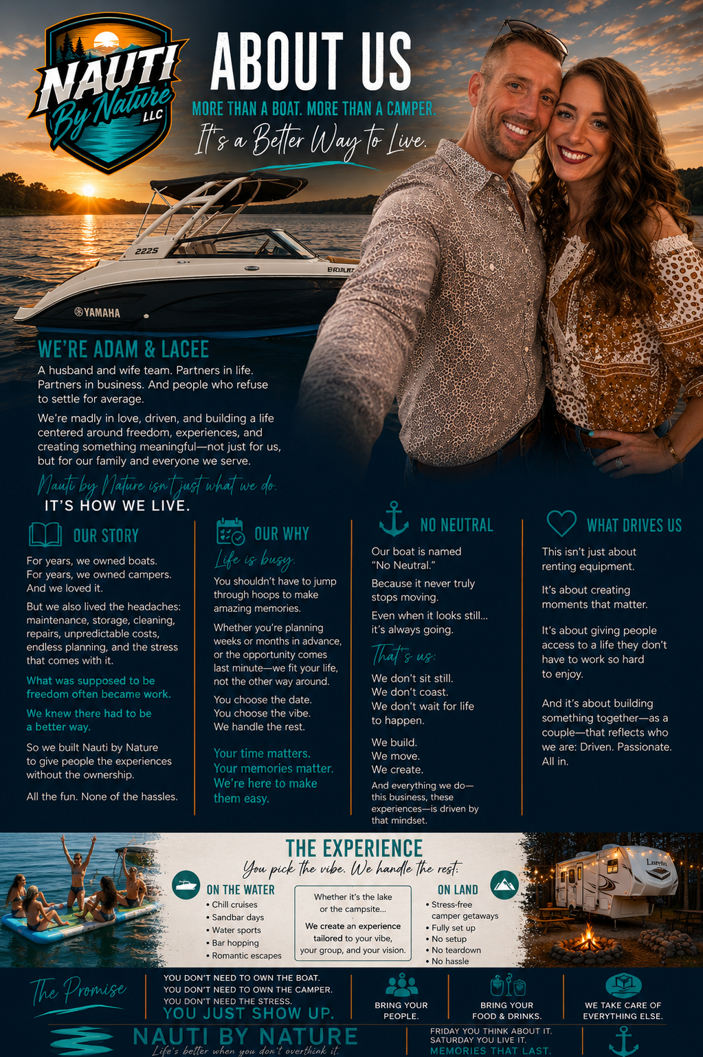 A promotional poster for Nauti by Nature LLC featuring a happy couple taking a selfie on the water at sunset with a boat in the background. The poster includes text about the company's philosophy, story, and experience options for on the water and on land.