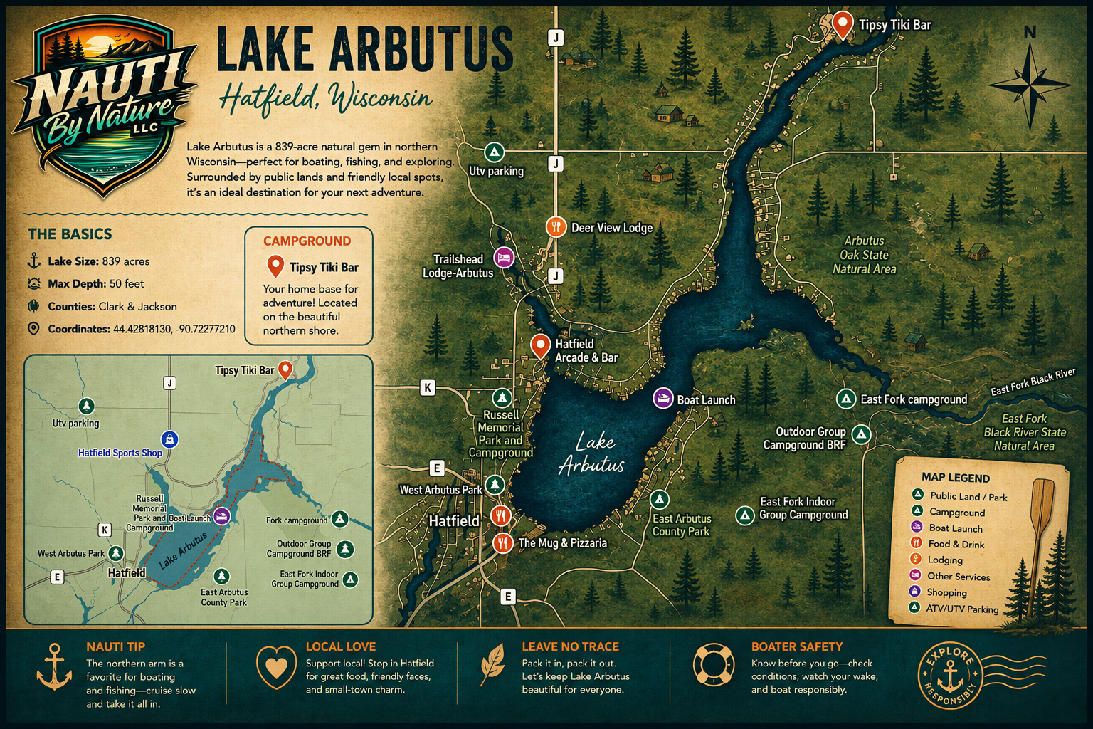 Map of Lake Arbutus in Hatfield, Wisconsin, showing campgrounds, parks, recreational areas, and points of interest.