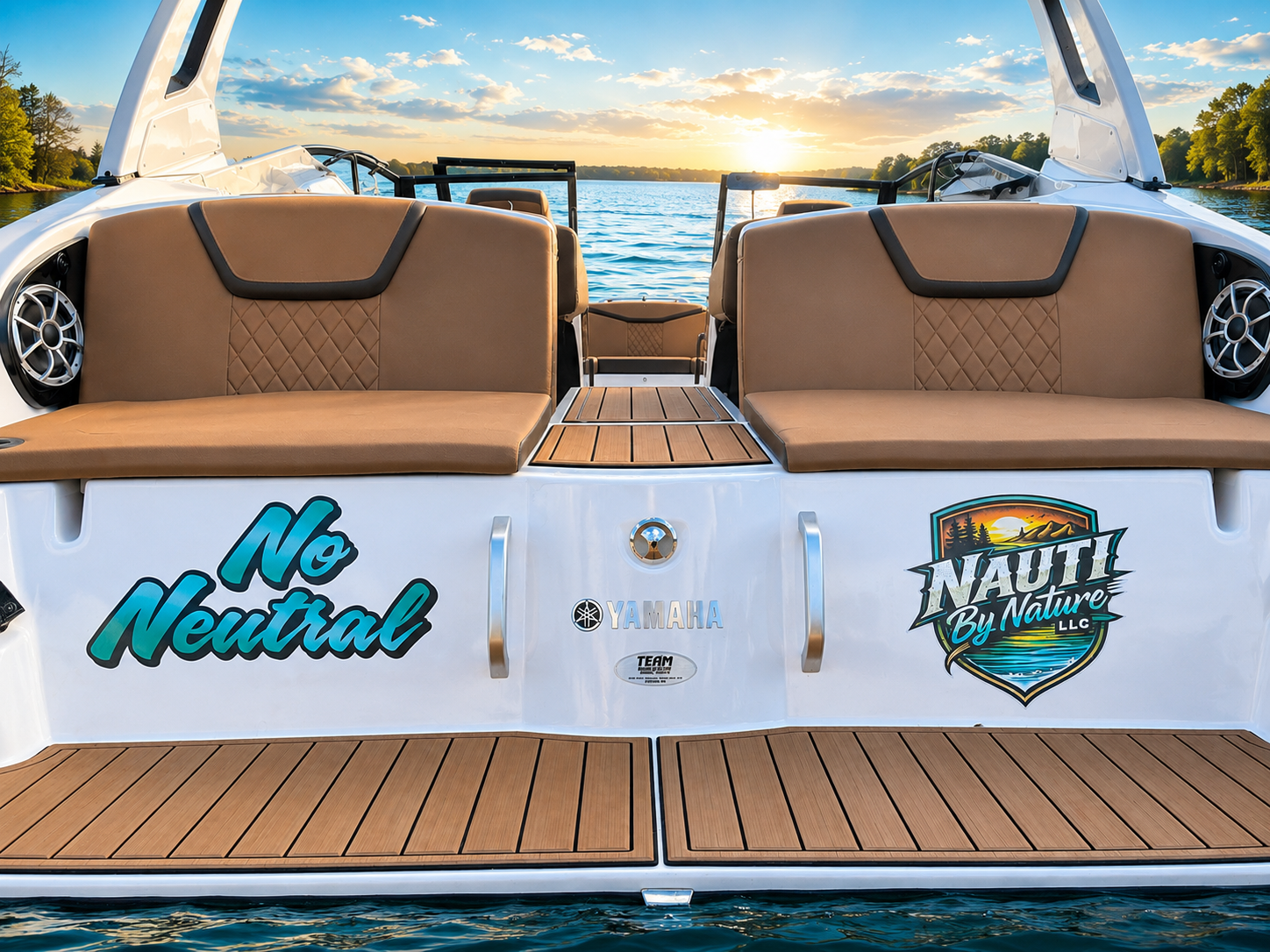 View of the back of a white yacht with brown leather seats, mounted speakers, and outdoor labels that say 'No Neutral' and 'Nauti By Nature LLC' on a lake at sunset.