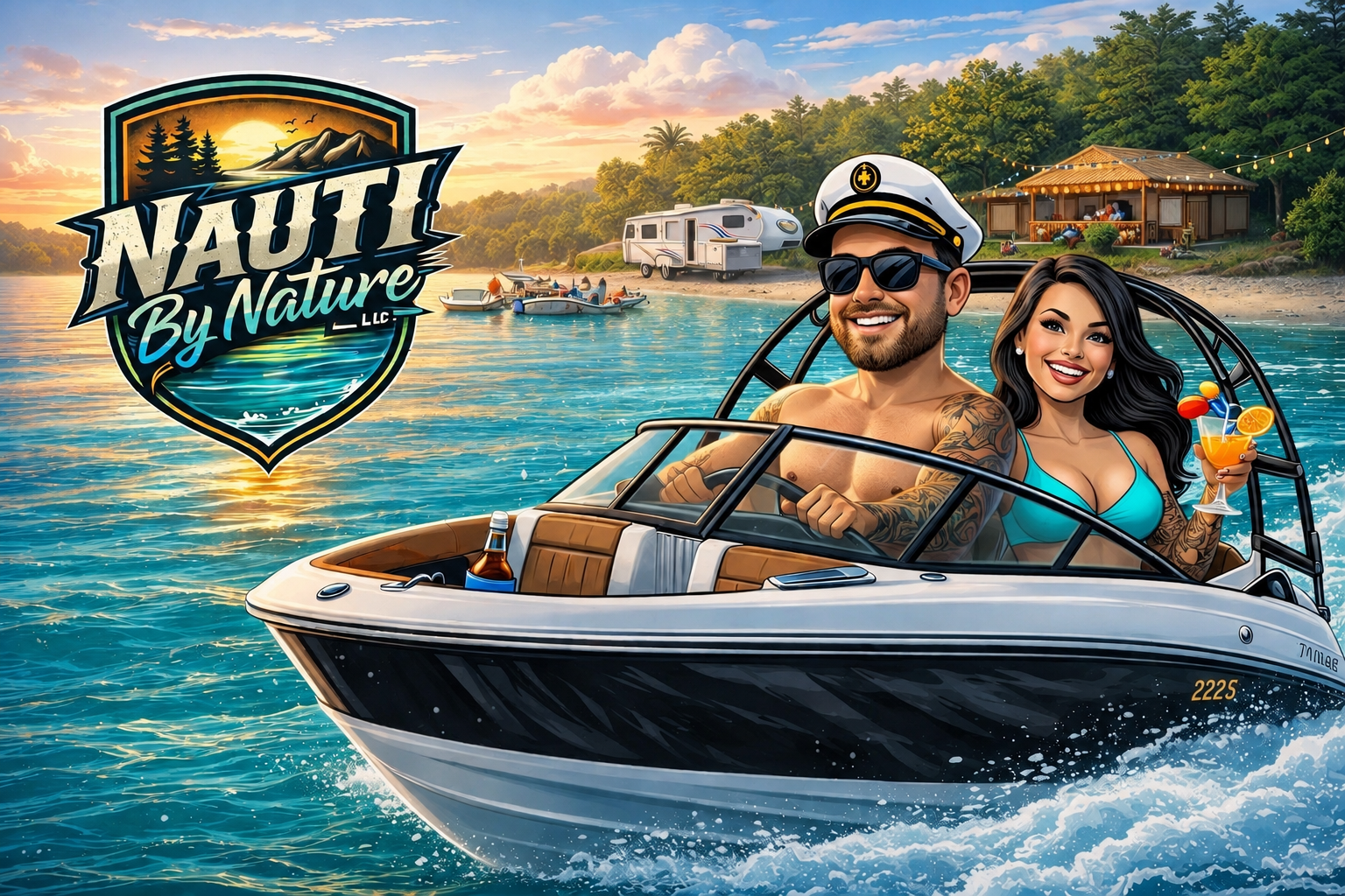 A digital illustration of a smiling man and woman on a speedboat on a lake with a scenic background of trees, a house, a camper, and boats. The man wears sunglasses and a captain's hat, the woman holds a cocktail, and the scene is set during sunset.