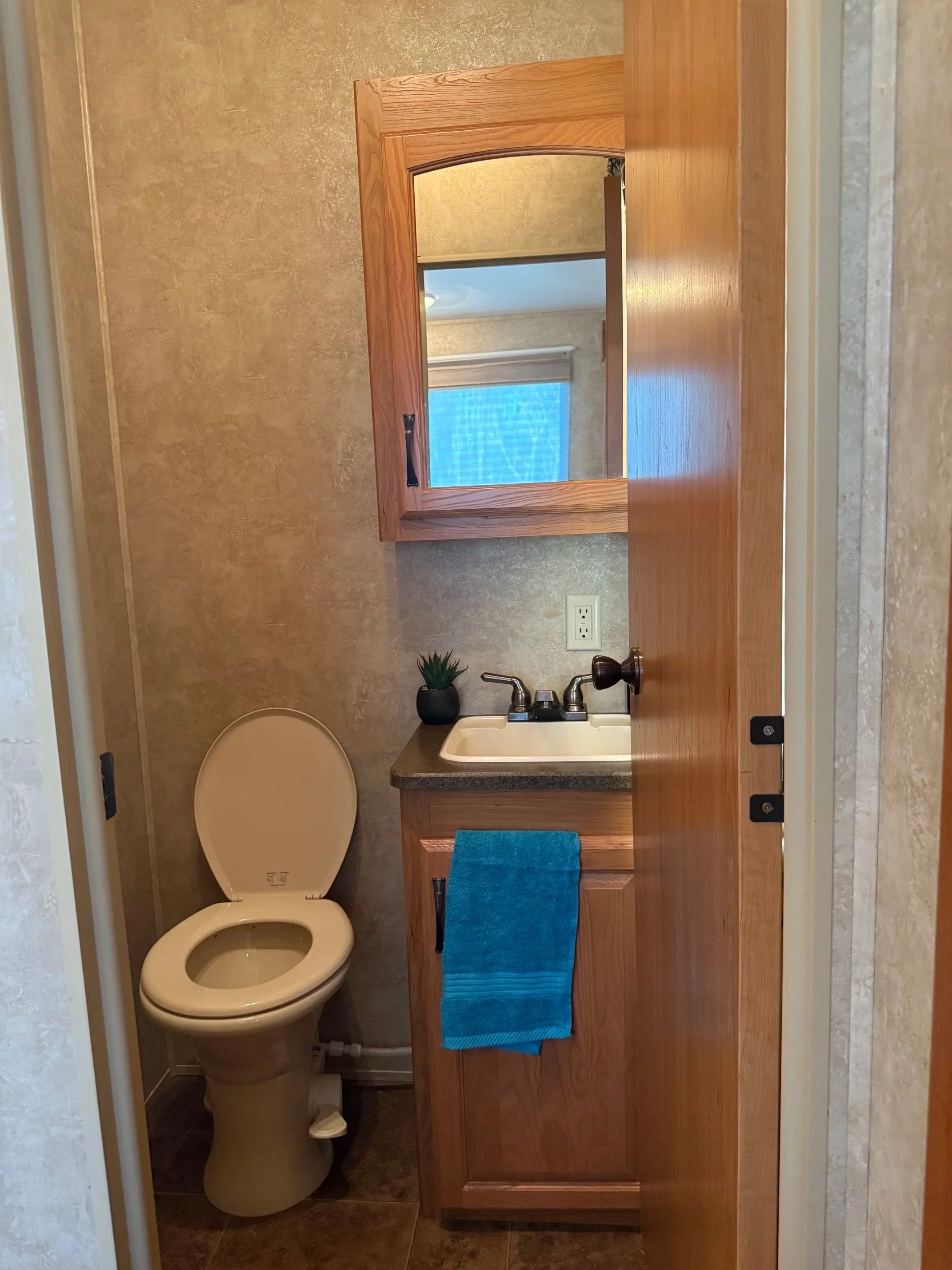 A bathroom with a toilet, a wooden cabinet with a mirror, a blue towel, a window with blinds, a sink with a small plant, and a power outlet.