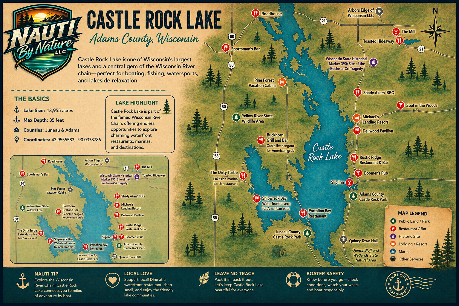 Map of Castle Rock Lake in Adams County, Wisconsin, showing lakeside attractions, restaurants, parks, and accommodations with symbols indicating public land, historic sites, marinas, and services.