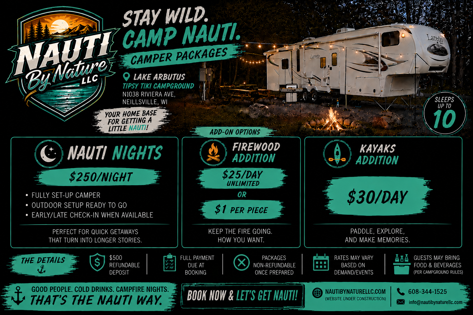 Informational poster for Nauti By Nature LLC promoting camper packages at Lake Arbutus, WI. Features outdoor camping scenes, pricing for Nauti nights, add-on options for firewood and kayaks, and contact details.