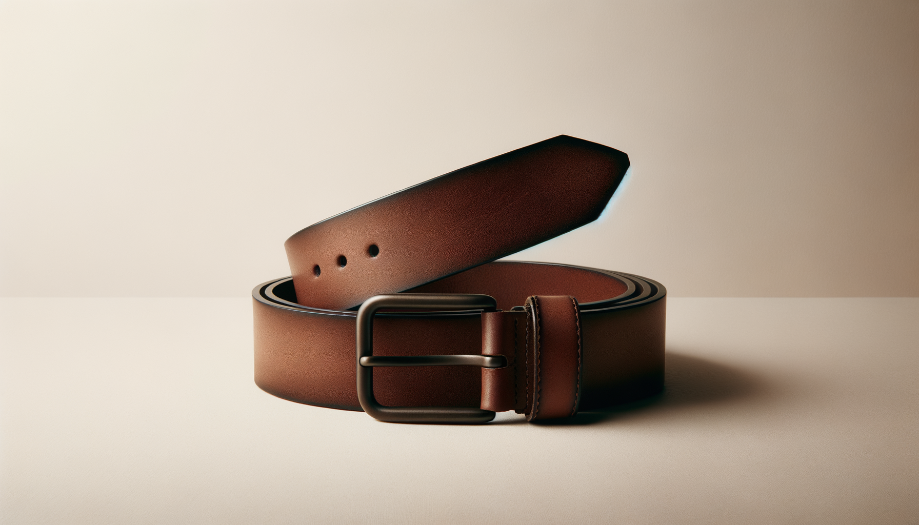 A rolled brown leather belt with a black metal buckle on a beige surface against a light background.