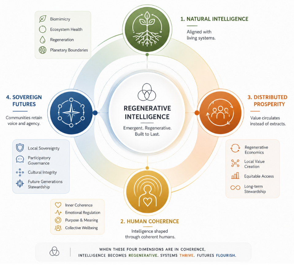 Diagram illustrating four dimensions of regenerative intelligence: Natural Intelligence, Human Coherence, Distributed Prosperity, and Sovereign Futures, with icons and key concepts related to each dimension.