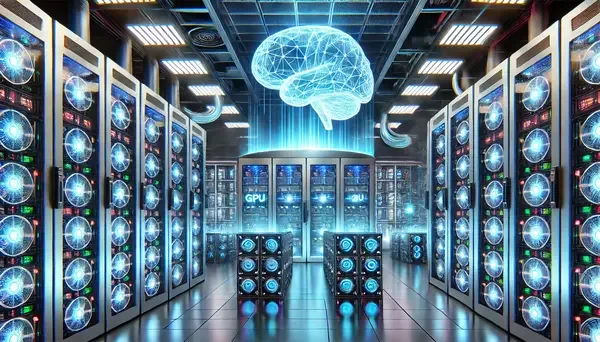 A digital illustration of a data center or server room with multiple server racks, a floating holographic brain, and a digital grid background.