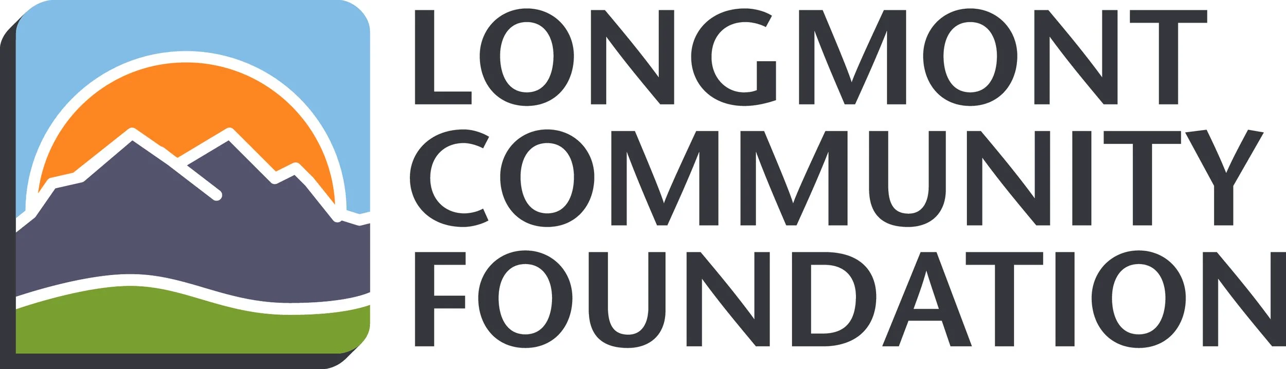 Longmont Community Foundation logo featuring mountains, a sun, sky, and grass with the organization's name.