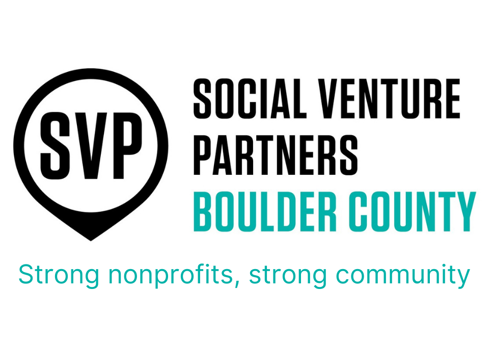 Logo for Social Venture Partners Boulder County with the initials SVP inside a location pin, and text stating 'Social Venture Partners Boulder County' and 'Strong nonprofits, strong community'.