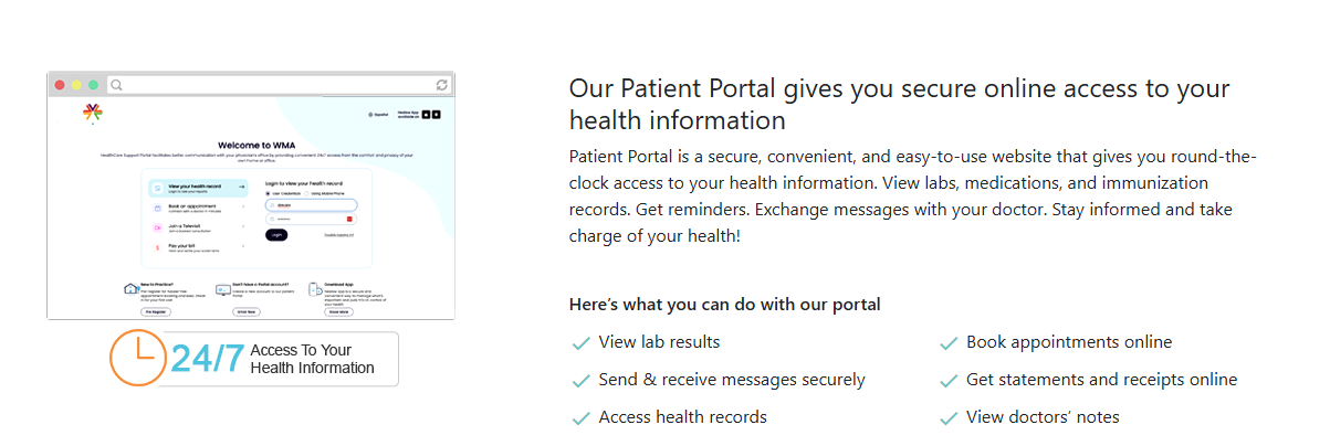 Screenshot of a patient portal webpage displaying login options for health records, with text describing secure online access to health information, and a 24/7 access icon.