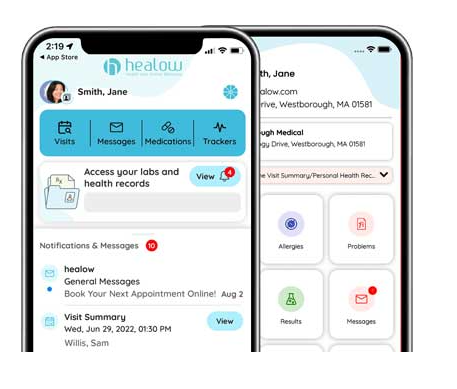 Screenshot of a healthcare app on a smartphone with patient information, navigation icons for visits, messages, medications, and trackers, and notifications for messages and appointments.