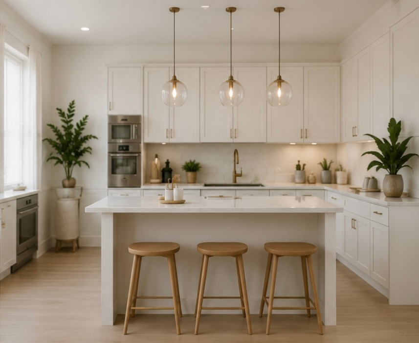 Modern kitchen with white cabinets, marble countertops, and a central island with three wooden stools. Pendant lights hang above the island. There are potted plants and kitchen appliances along the back wall, with large windows on the left.