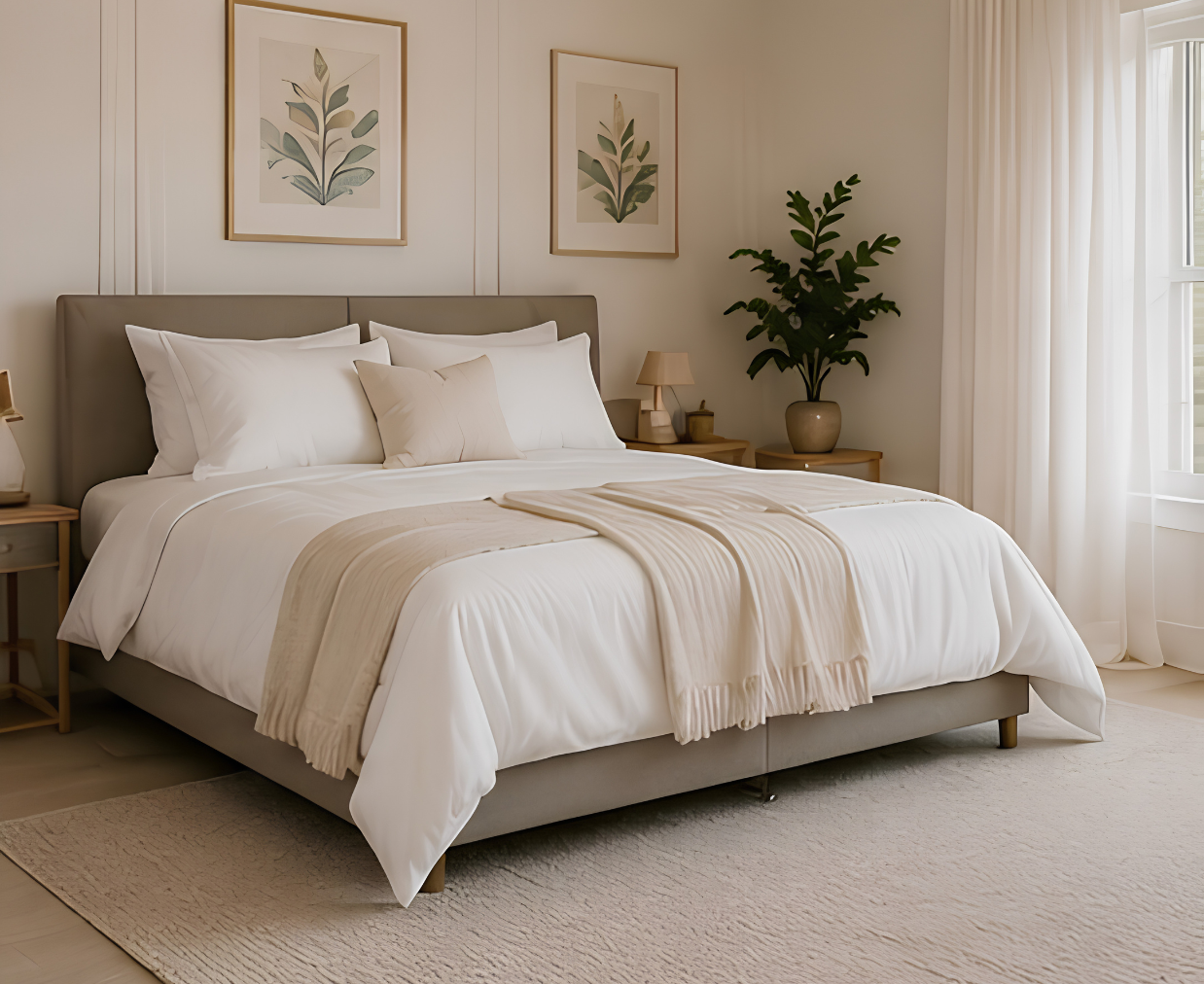 A neatly made bed with white bedding and beige accents, flanked by nightstands with lamps, in a bright room with framed botanical prints and a large houseplant near a window with white curtains.