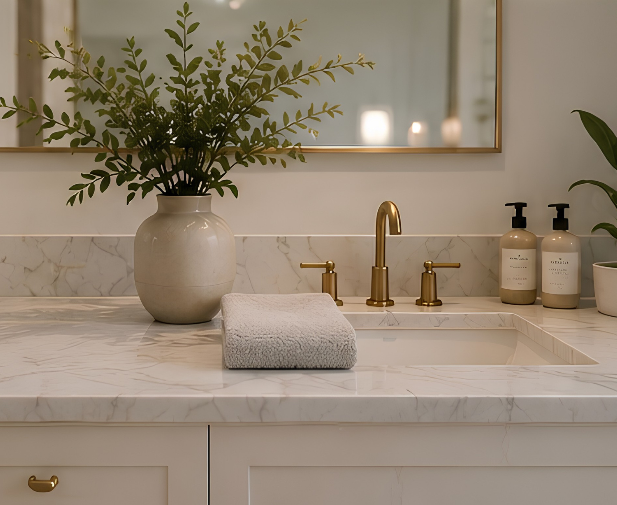 Bathroom sink with a marble countertop, a large potted plant, two soap dispensers, a mirror, and a folded towel.