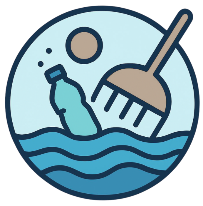 Illustration of a polluted ocean with a plastic bottle and a mop in the water under a sun.