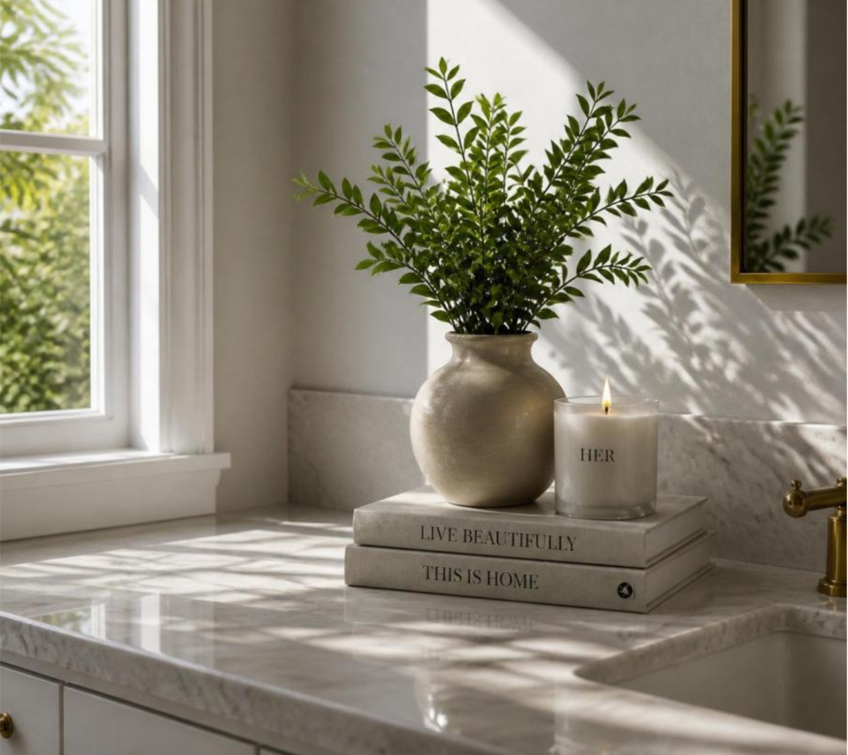 A white marble countertop with a stack of books, a potted green plant, a lit candle, and a gold-framed mirror in the background. Sunlight streams through a window, casting shadows on the wall.