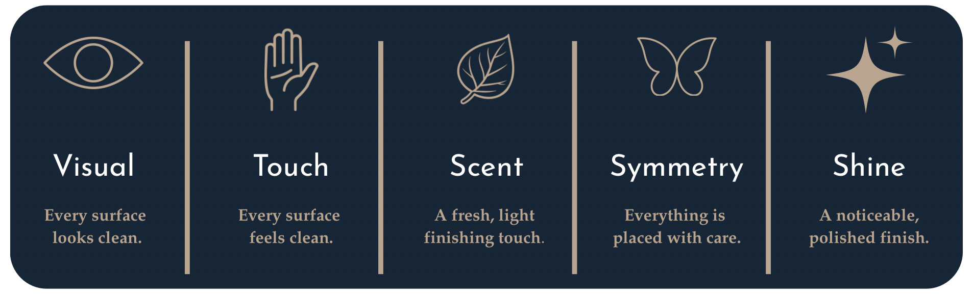 Infographic with icons and text about surface-smoothing qualities: Visual, Touch, Scent, Symmetry, Shine, emphasizing cleanliness and care.