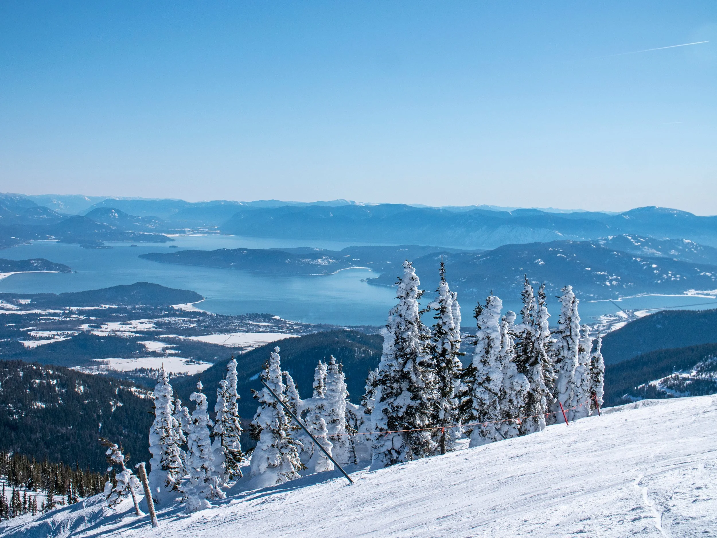 Snow-covered trees on a mountain slope overlooking a large blue lake with mountains in the background under a clear blue sky.