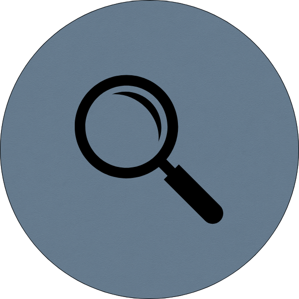 Magnifying glass icon on a blue circular background.