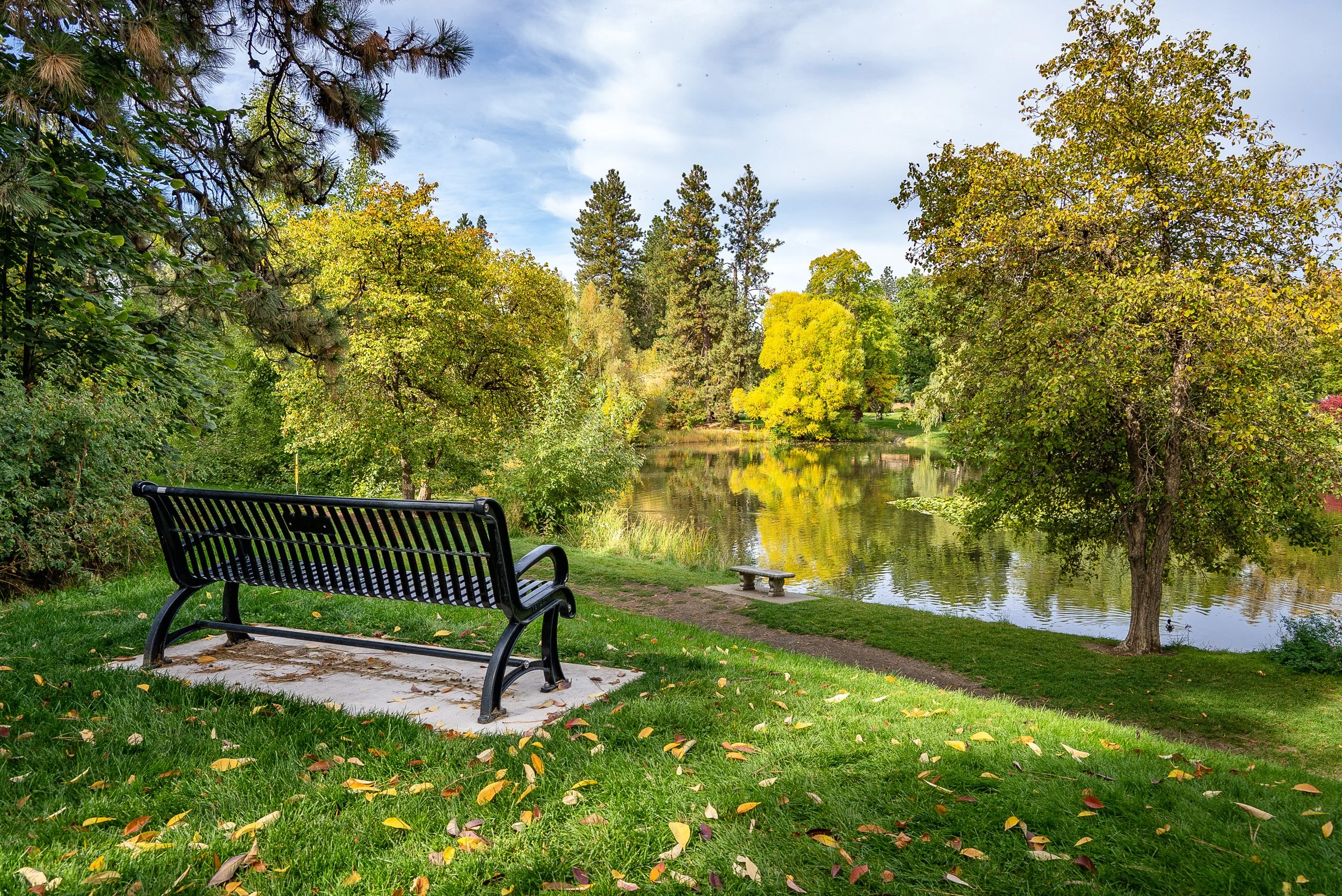 A park scene with a black metal bench on a concrete path near a pond. The pond is surrounded by green trees with some yellow leaves, indicating fall. The sky is partly cloudy with patches of blue.
