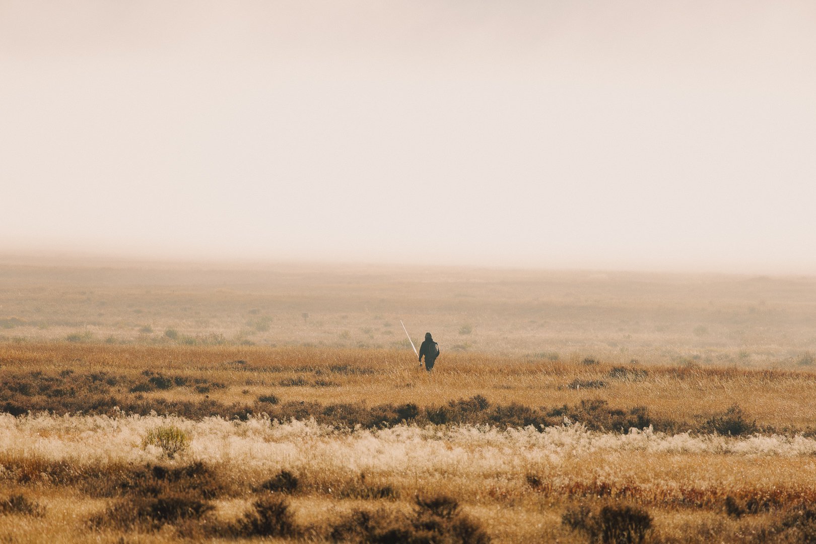 A person walking in a vast, open field with tall, dry grass, holding a long stick in a foggy or dusty landscape.
