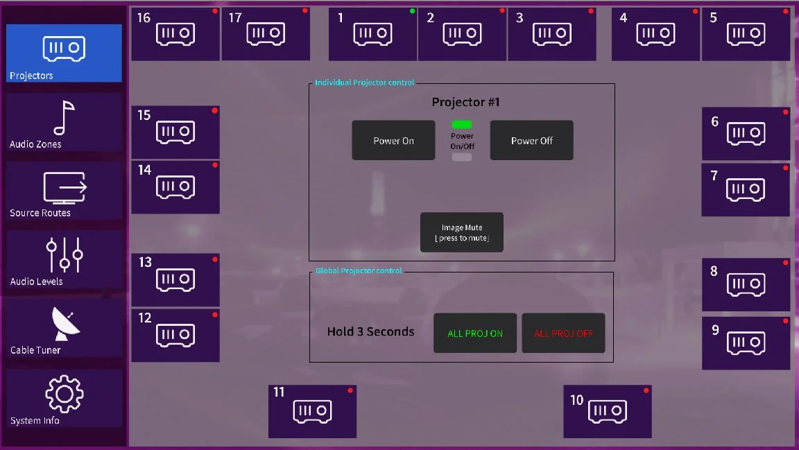 Custom touchscreen interface for controlling 17 laser projectors, audio zones, and video sources at the MSU Mankato Centennial Student Union Ballroom.