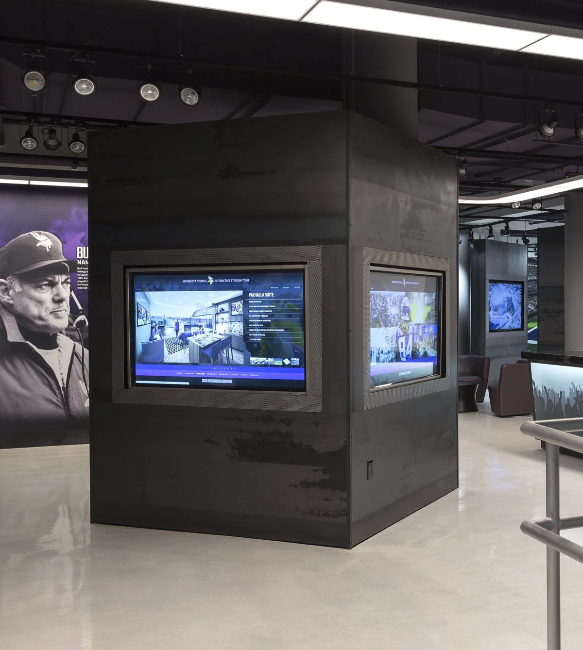 Minnesota Vikings Preview Center featuring integrated digital displays and interactive audiovisual technology in a custom exhibit installation.