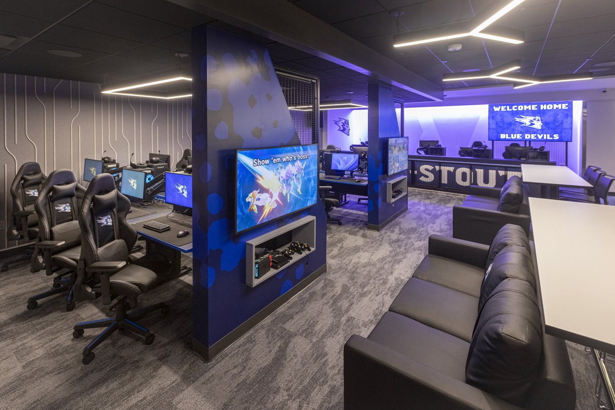 UW-Stout Polytechnic Esports Arena in Menomonie, Wisconsin, featuring gaming stations, large video displays, and integrated audiovisual technology.