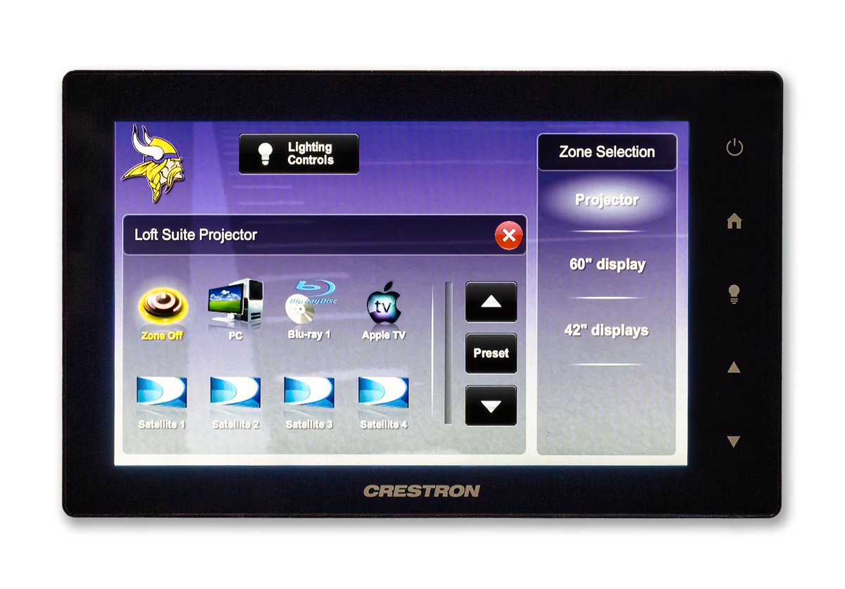 Crestron touchscreen control panel for managing video displays, projection, lighting, and AV systems at the Minnesota Vikings Preview Center.