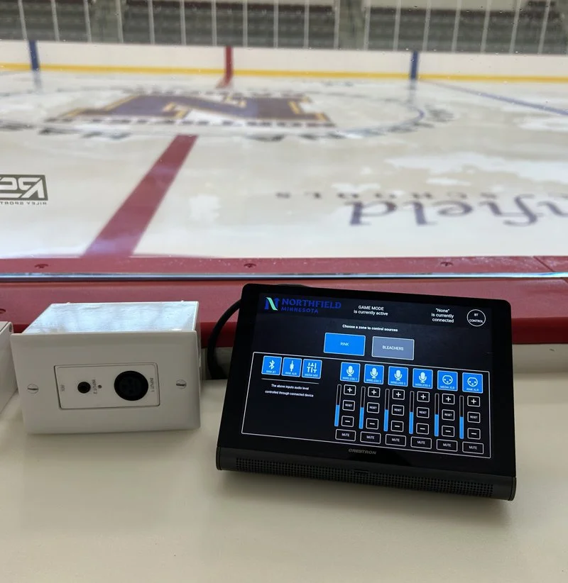 Touchscreen control panel used to manage audio zones and sound settings at Hasse Ryt-Way Arena.