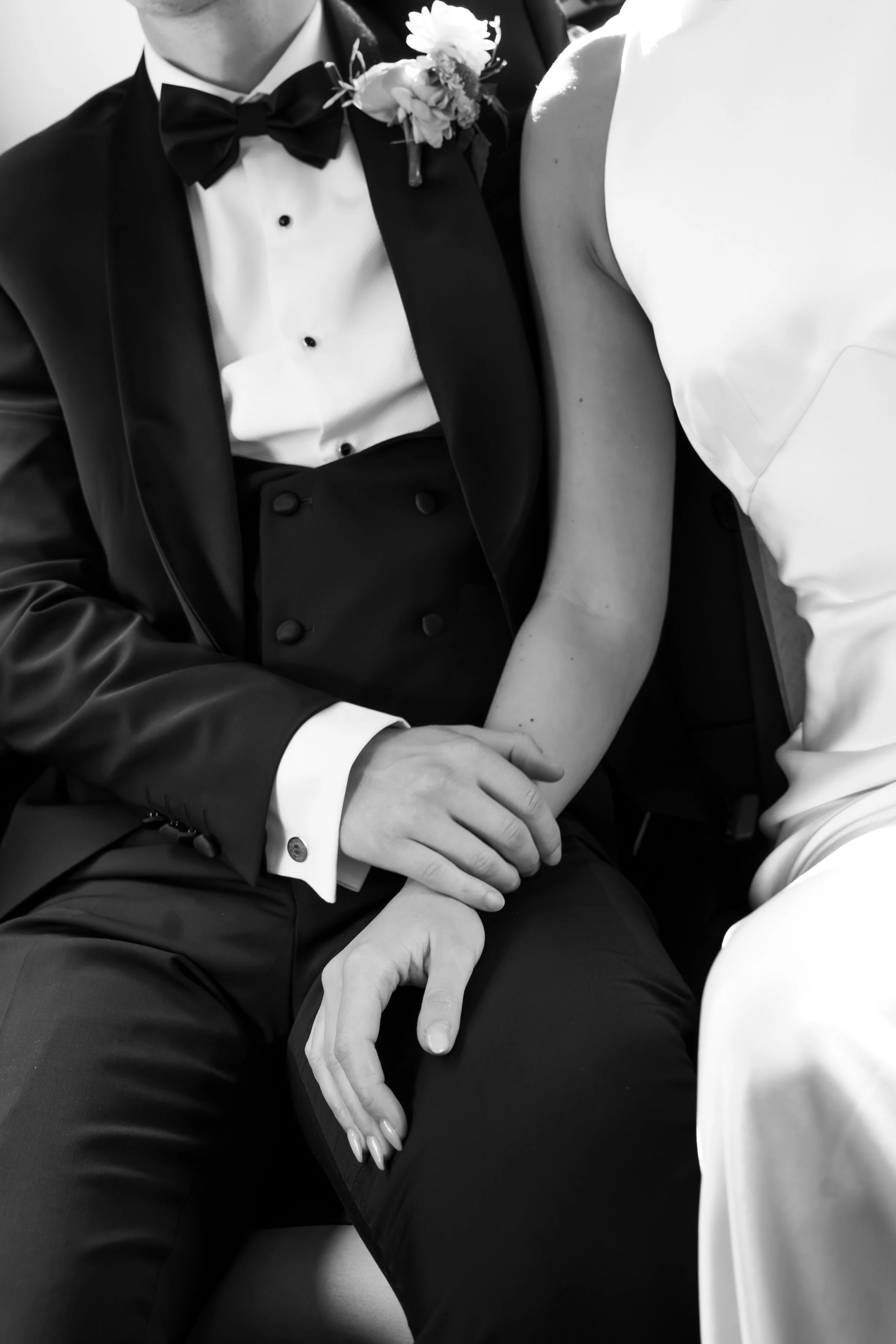 Intimate black and white wedding couple portrait