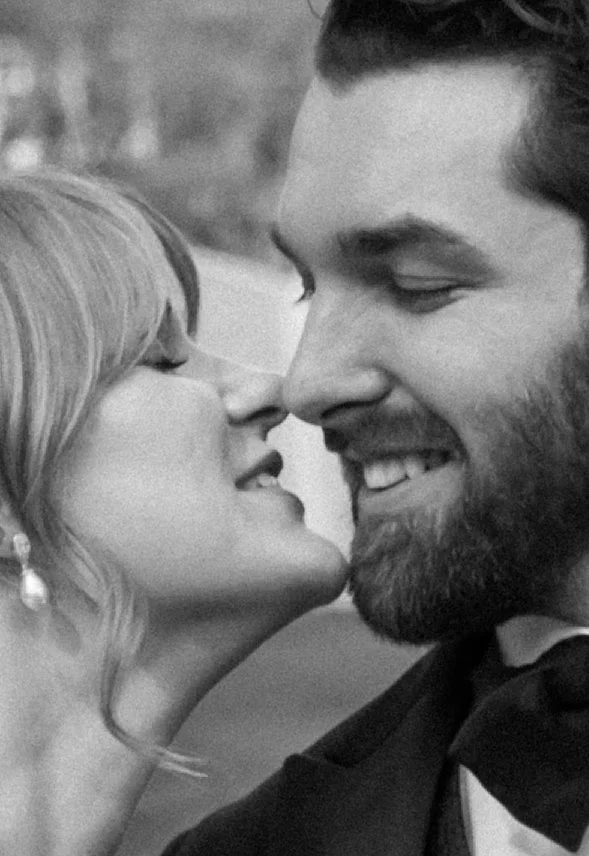 Black and white intimate wedding couple portrait