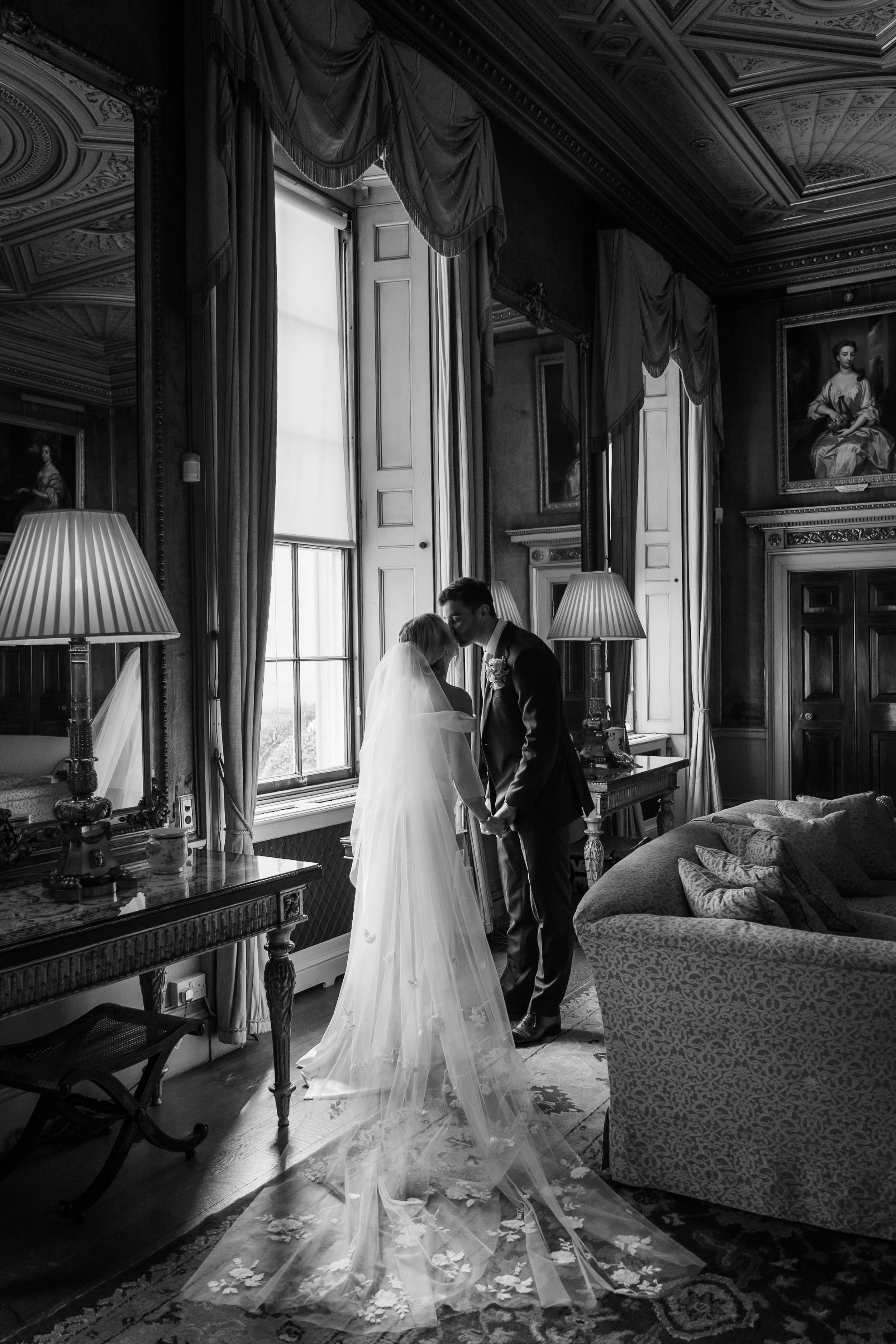 Editorial black and white wedding couple portrait