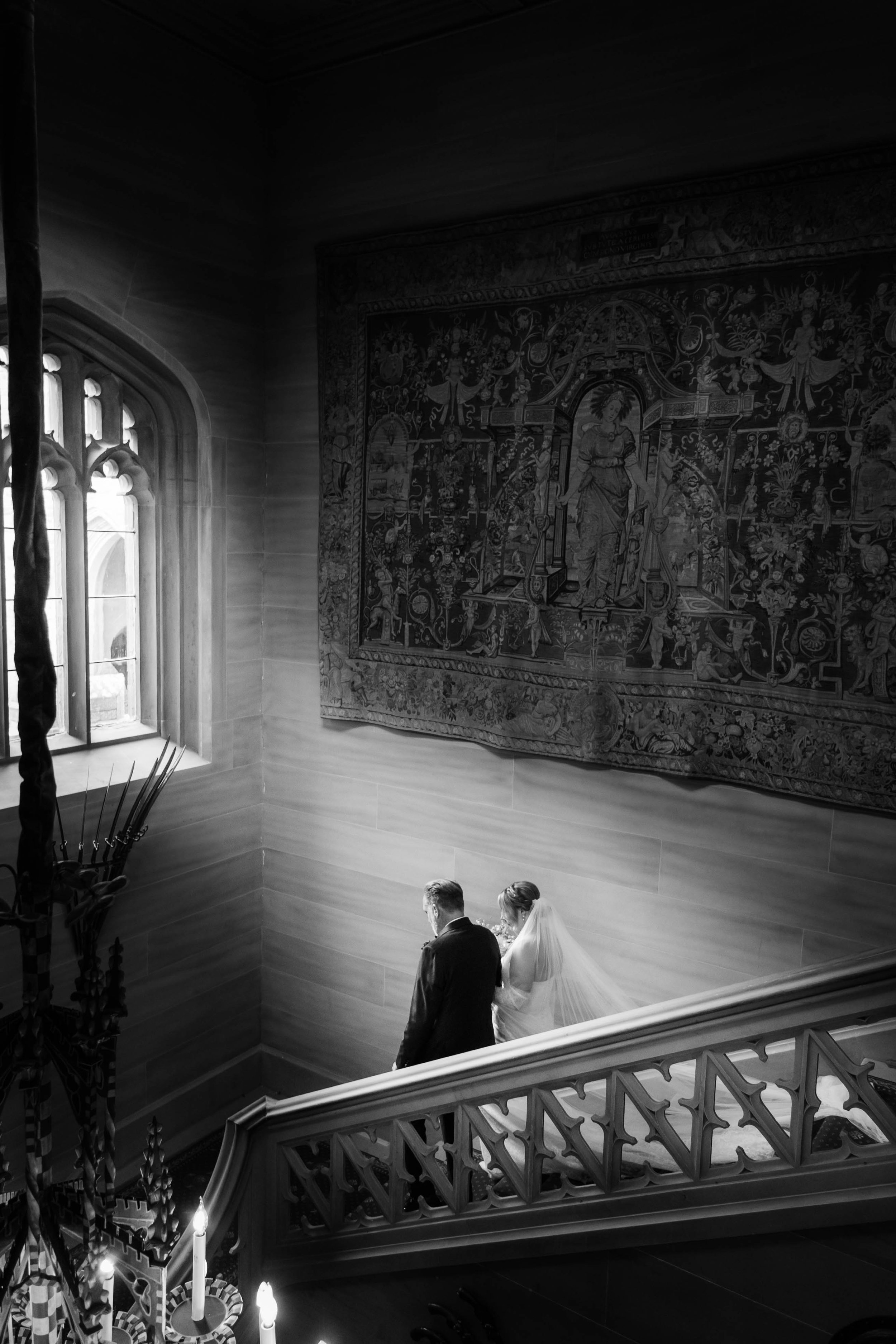 Editorial wedding staircase portrait in black and white
