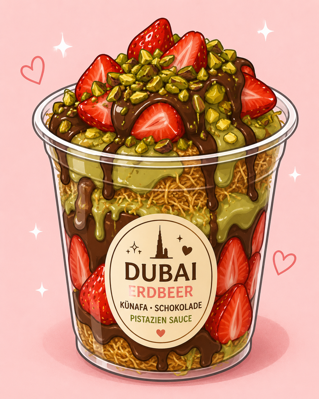 Illustration eines Glases mit Erdbeer-Dessert, Schokolade, Pistazien, Künafa und frischen Erdbeeren auf dem Pink Hintergrund.