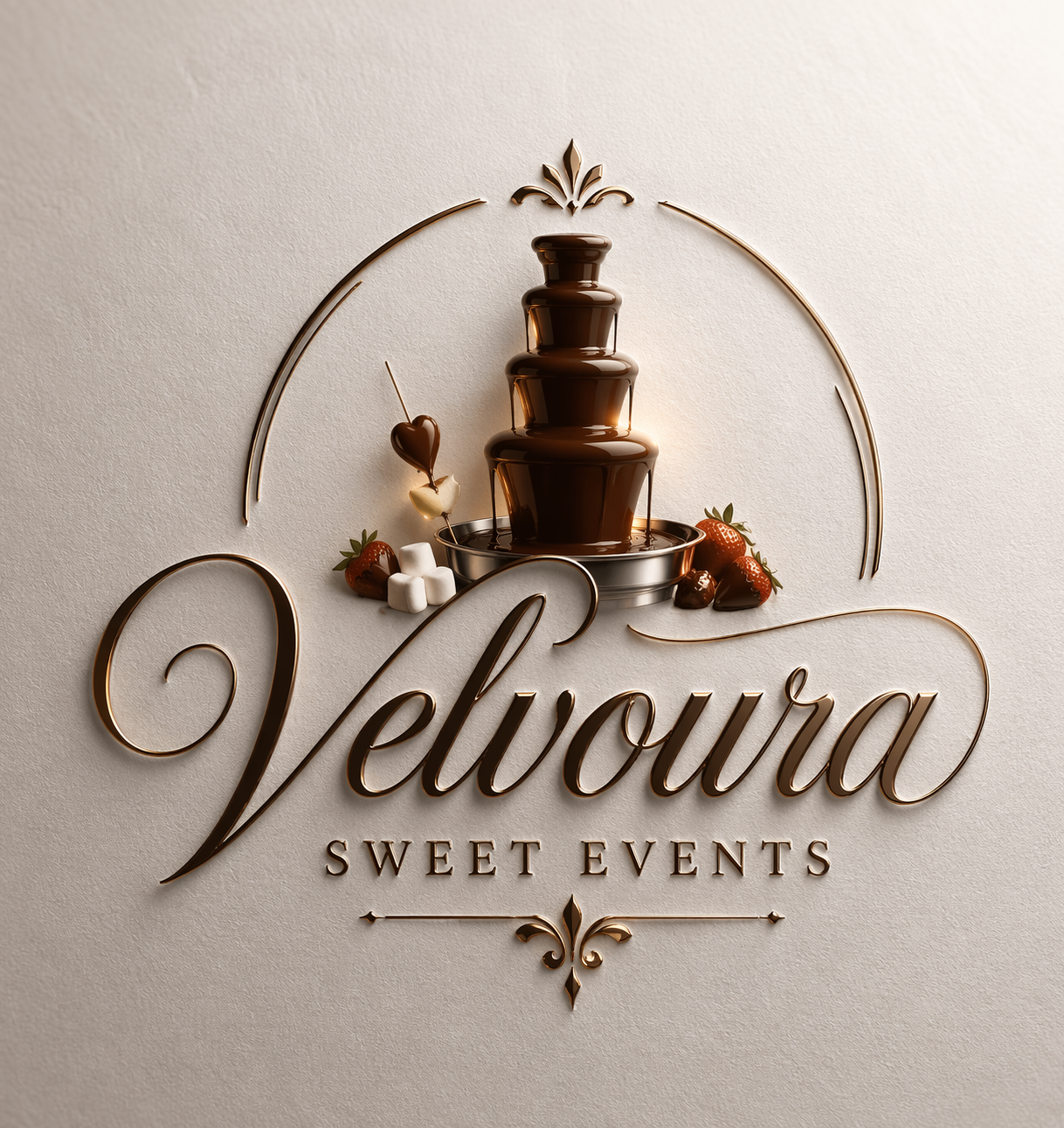 Logo für "Veloura Sweet Events" mit einer Schokoladentorte, einigen Erdbeeren, Marshmallows und einem Herzlollie auf einer hellen Wand.