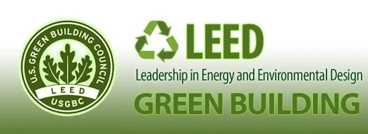 LEED certification logo with green leaves, recycling symbol, and text promoting leadership in energy and environmental design and green building.