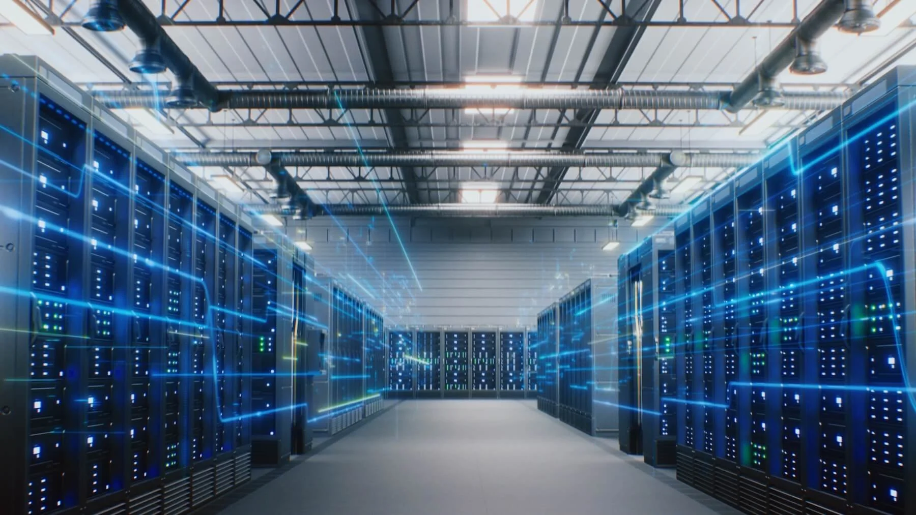 Modern Data Technology Center with Server Racks in Big Storage with VFX Animation