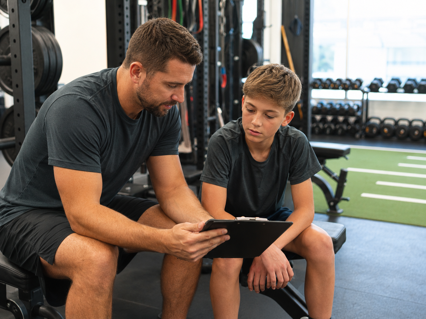 Strength coach reviewing a tailored workout plan with a young athlete before a supervised youth training session.