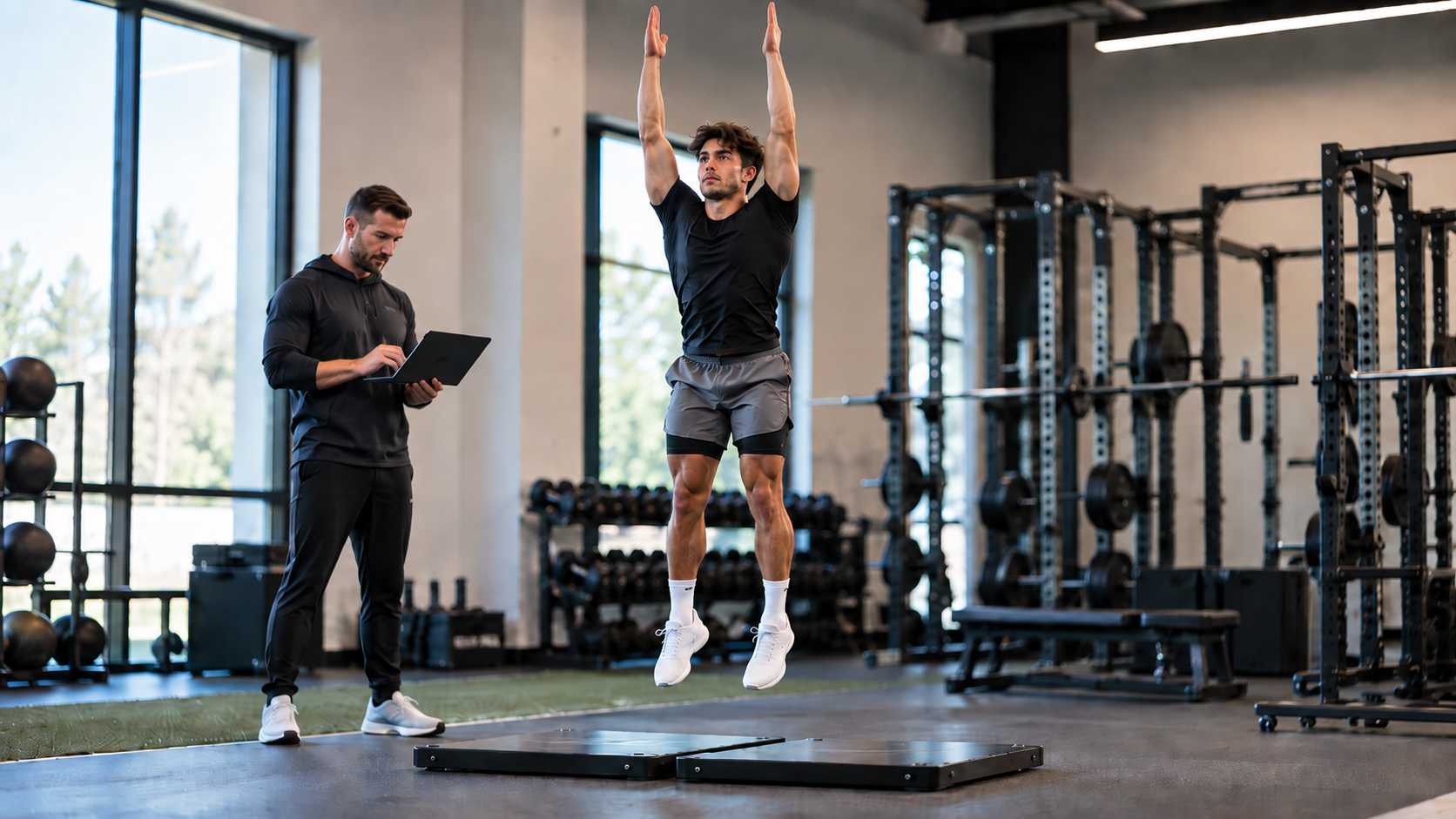Athlete performing a vertical jump on force plates in a training facility while a coach records data on a tablet.