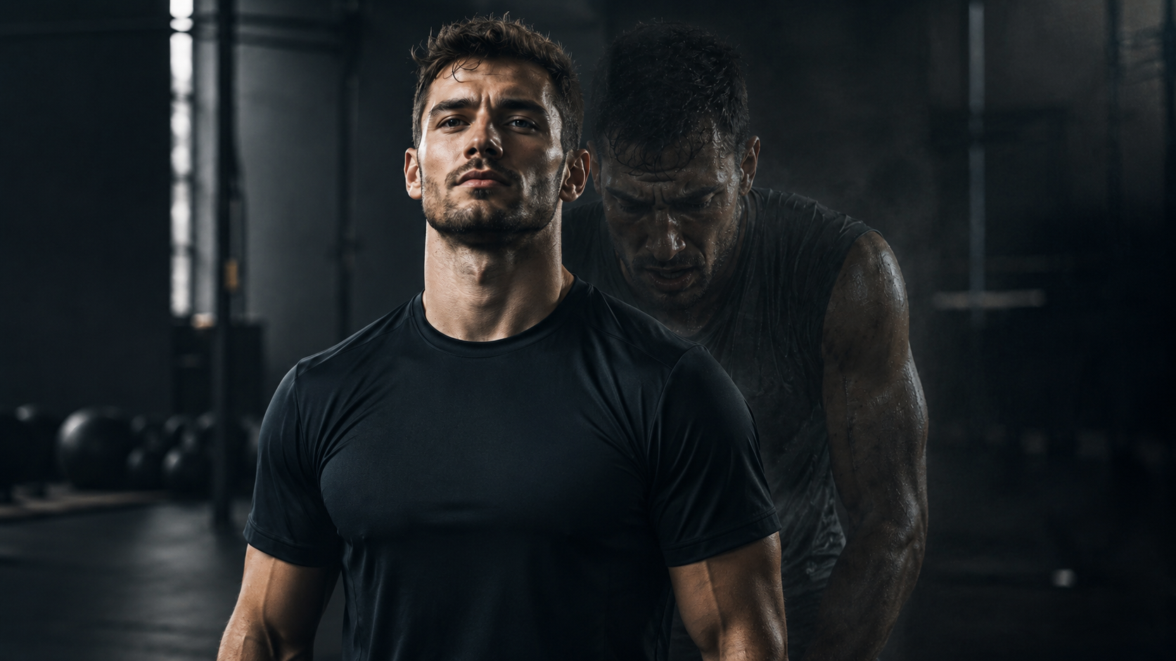 A confident athlete stands in a professional gym while an exhausted version of himself appears behind him, showing how AI coaching can miss hidden fatigue that an experienced strength coach may recognize.