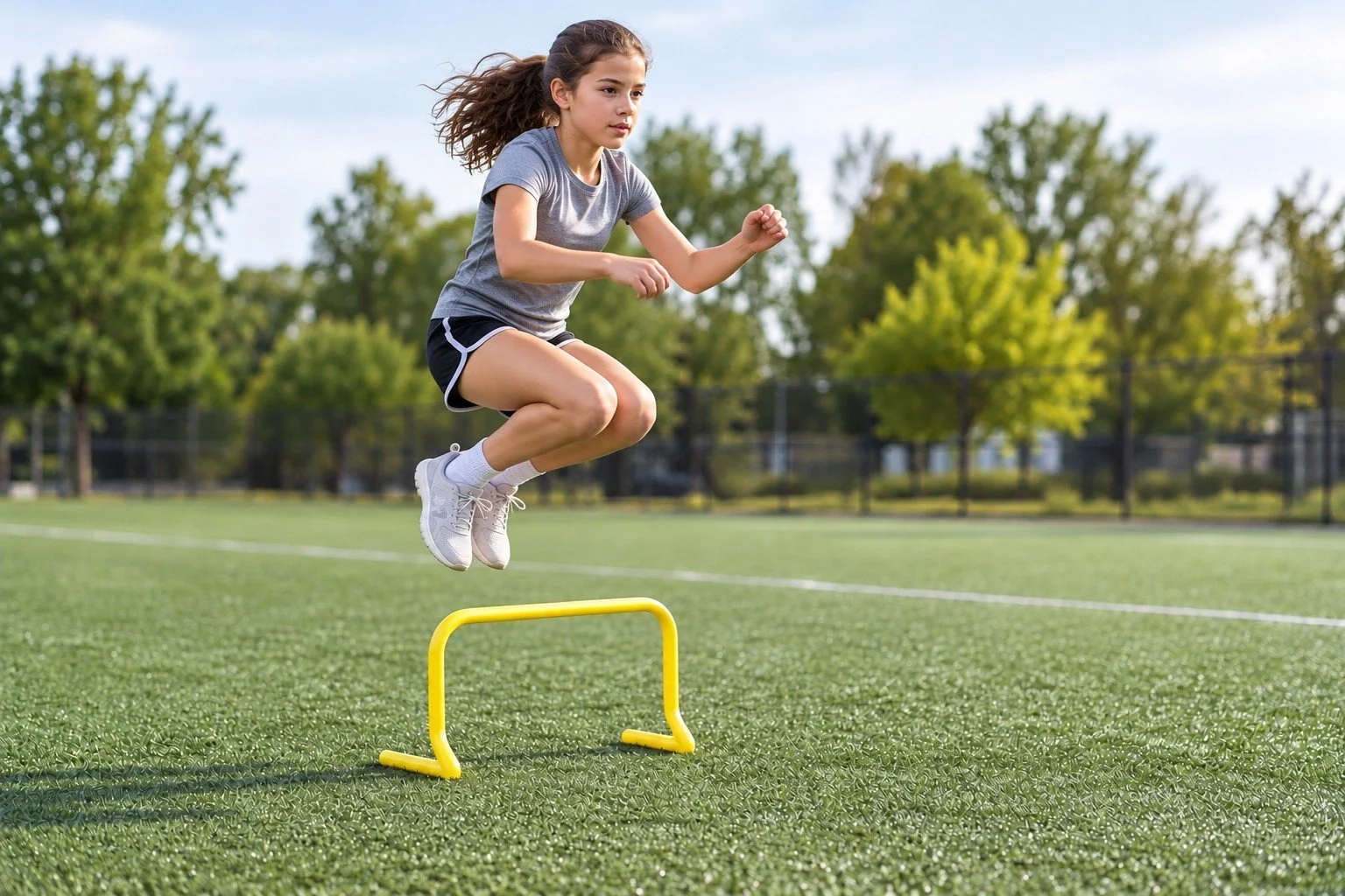 Young girl jumping over a low yellow agility hurdle on an outdoor turf field.