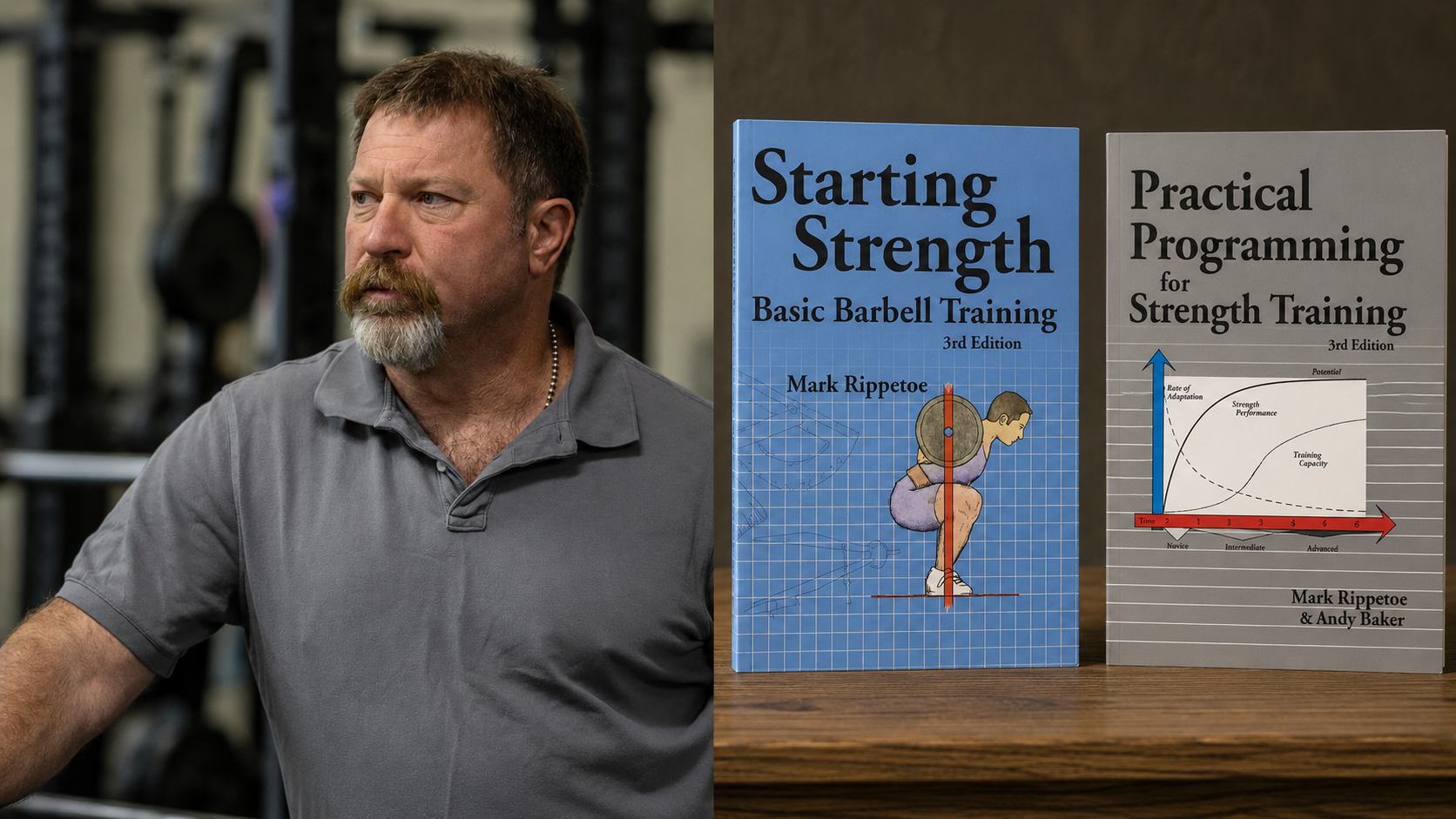 Strength coach beside Mark Rippetoe’s Starting Strength and Practical Programming for Strength Training books on barbell strength training.