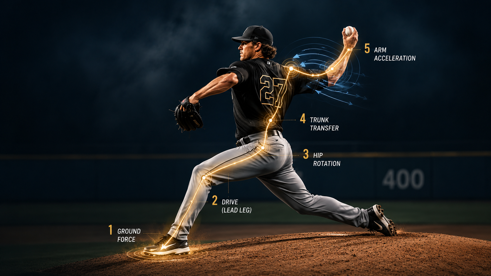 Baseball pitcher demonstrating the kinetic chain from ground force through the lead leg, hips, trunk, and throwing arm.