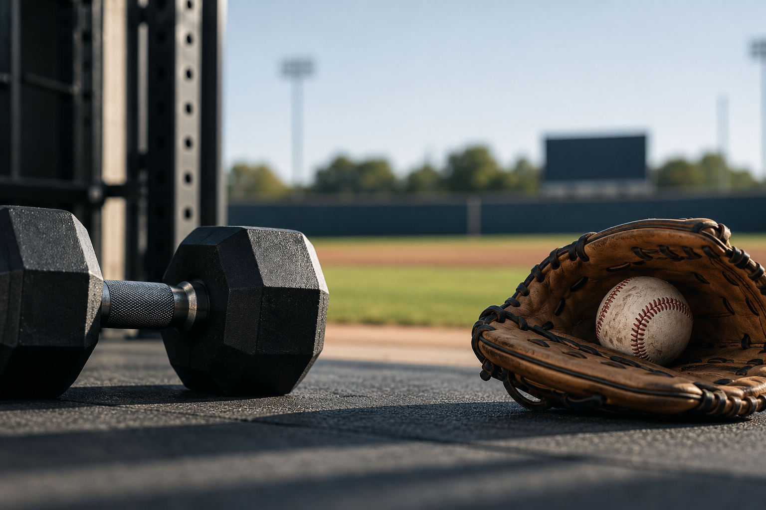 Baseball glove, baseball, and dumbbell representing offseason and in-season baseball training.