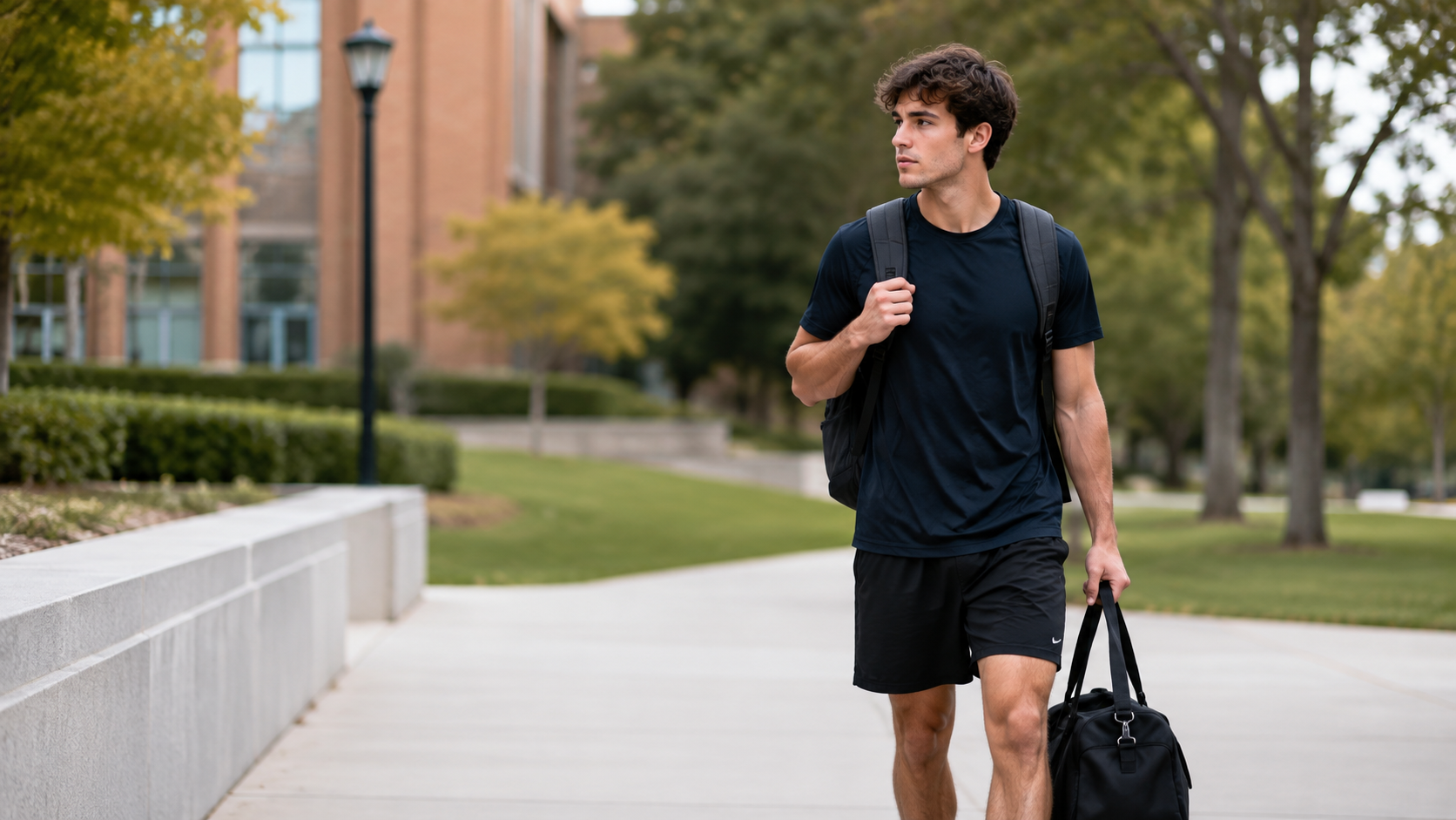 College athlete walking across campus with a backpack and training bag between classes and practice